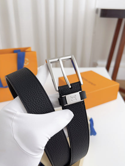 LV Black Togo Leather 35mm Pin Buckle Belt