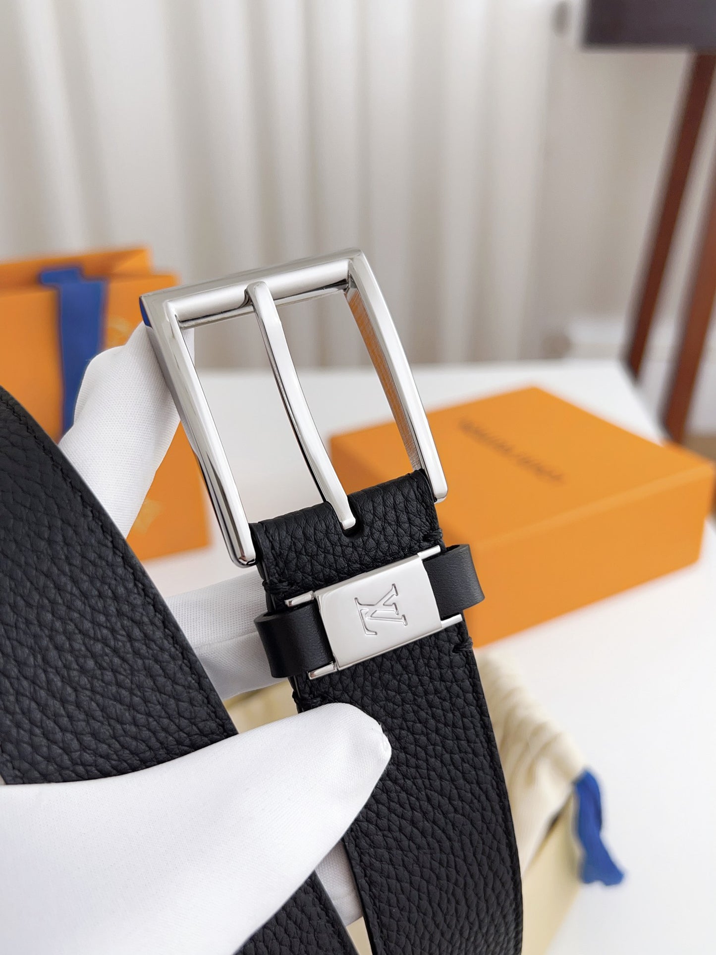 LV Black Togo Leather 35mm Pin Buckle Belt