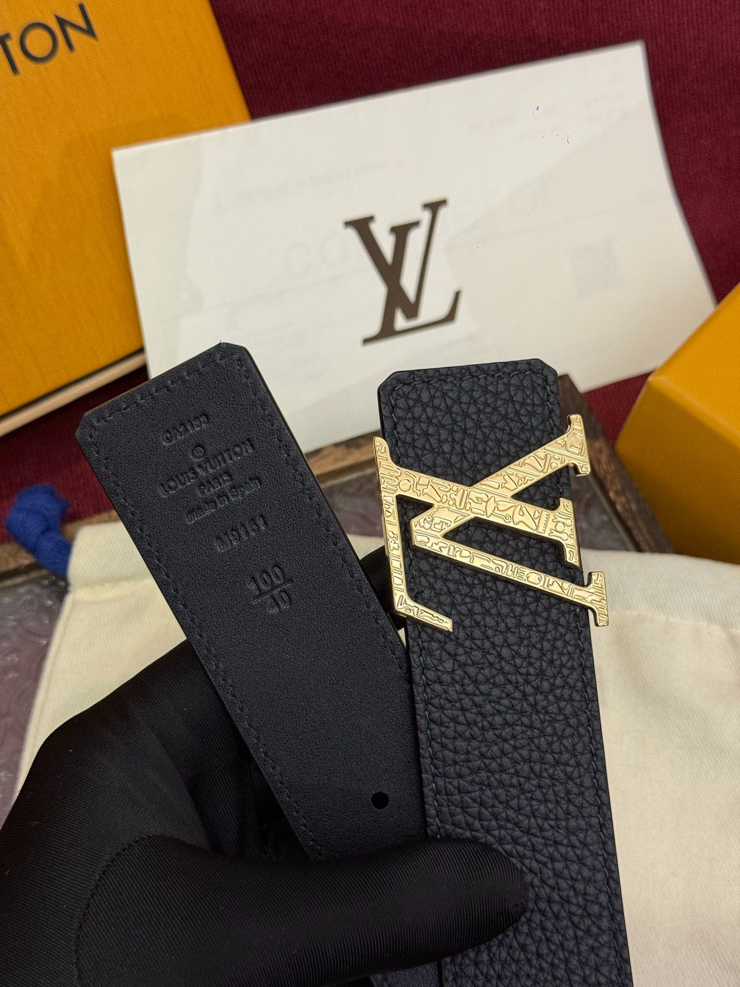 LV Black Leather 40mm Belt with Gold Engraved LV Buckle