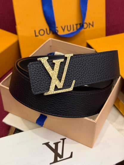 LV Black Leather 40mm Belt with Gold Engraved LV Buckle